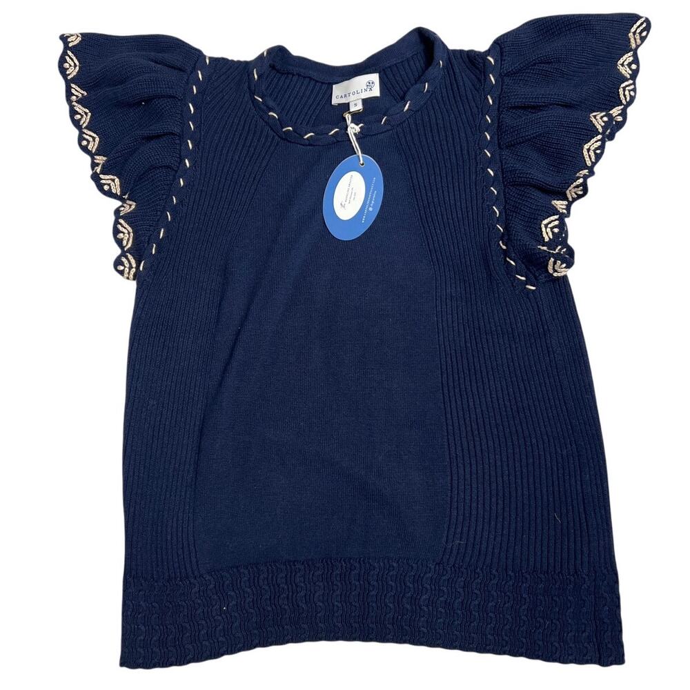 NWT Cartolina Nantucket Madeline Navy Flutter Sleeve Sweater Size Small